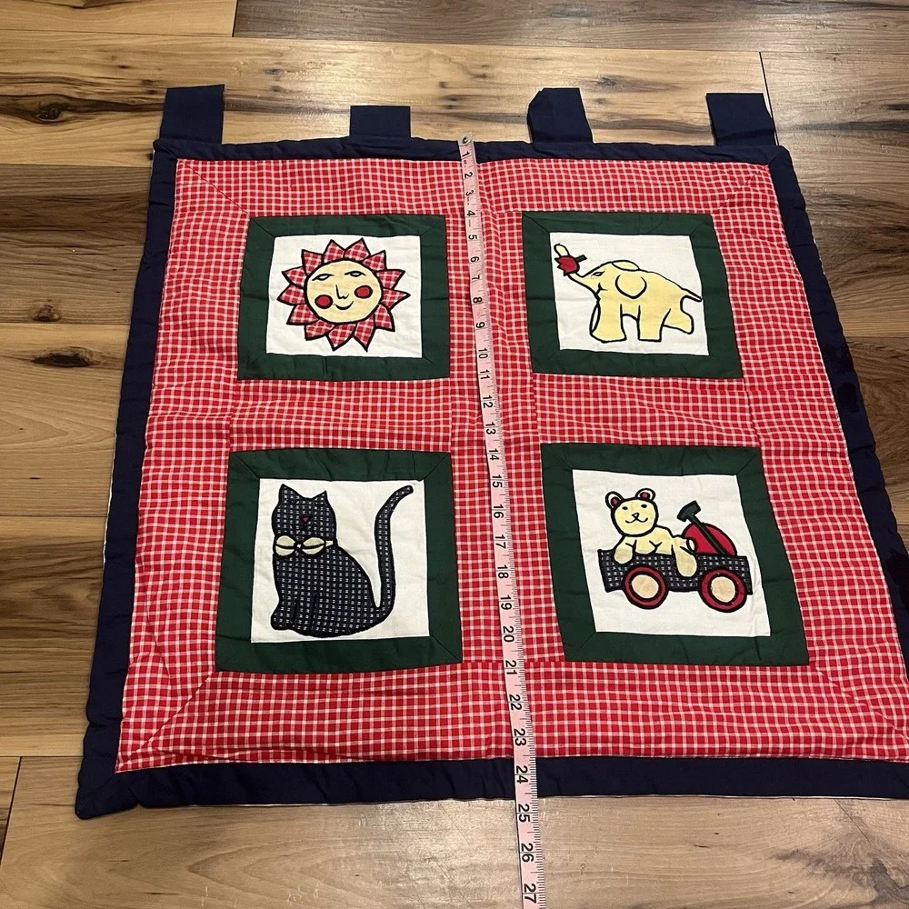 Vtg Quilt Wall Hanging Plaid Cat Sun Baby Nursery Decor Handmade 25in x 24.5in